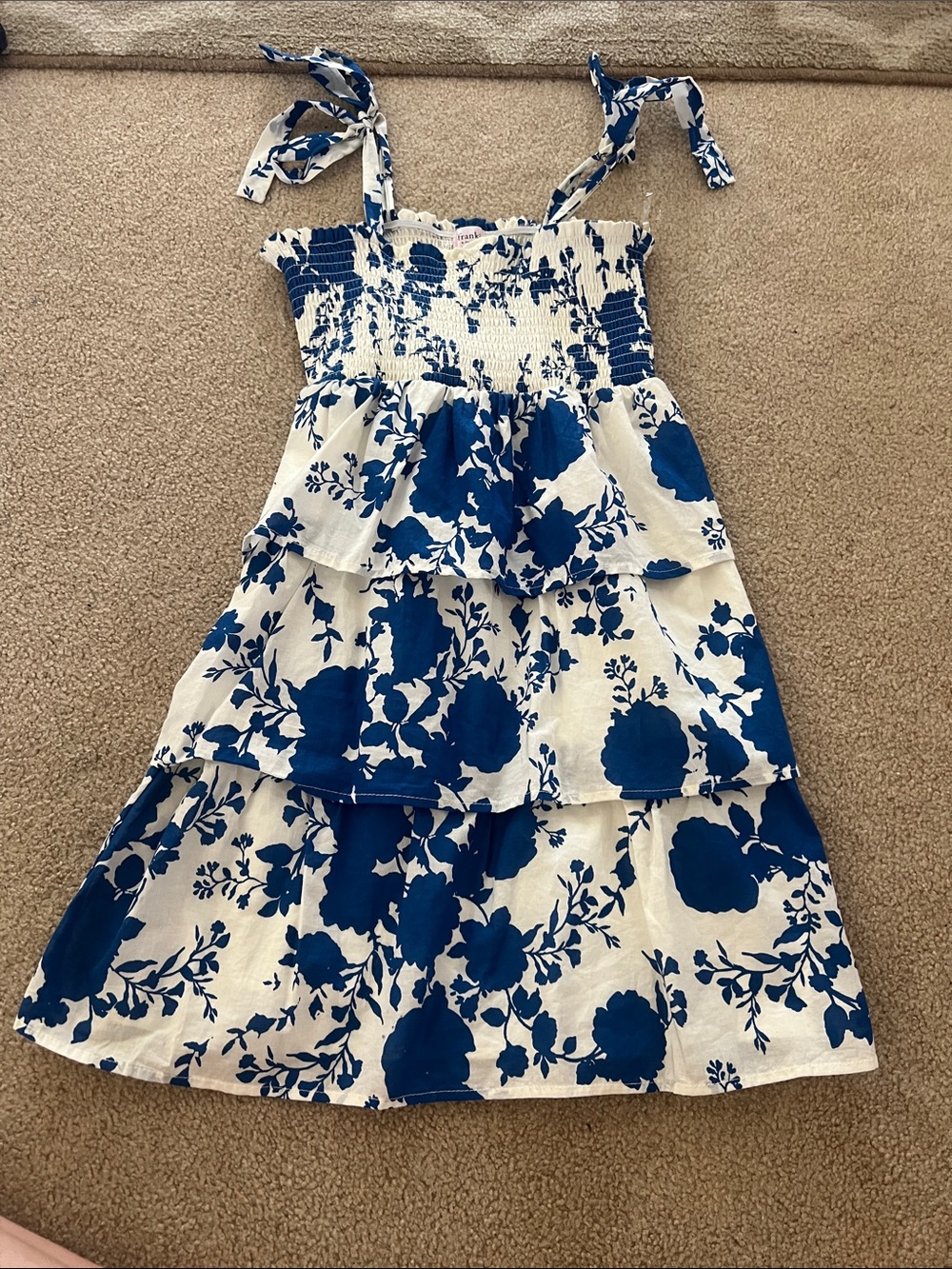 Francesca's Collections Blue and White Floral Tie-Shoulder Tiered Dress